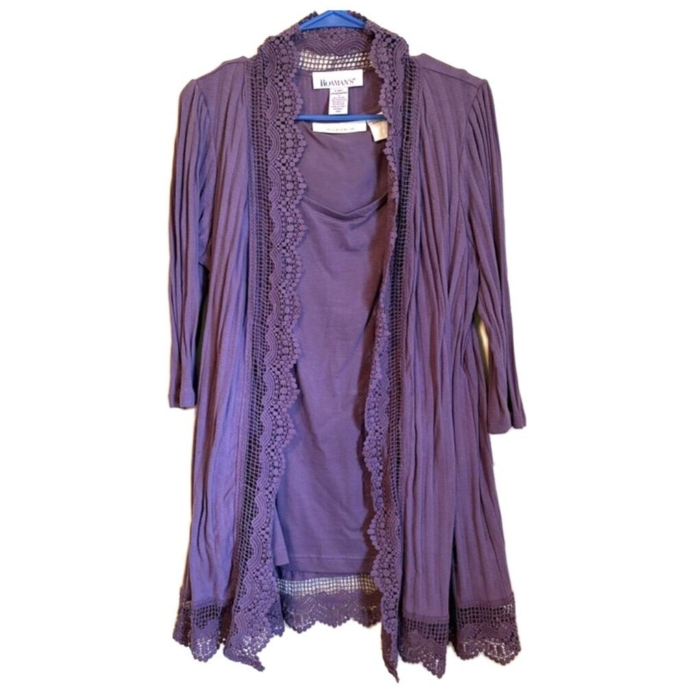Roaman's Plus Size M Purple 2-Piece Tank Top & Lace Duster Cardigan Set